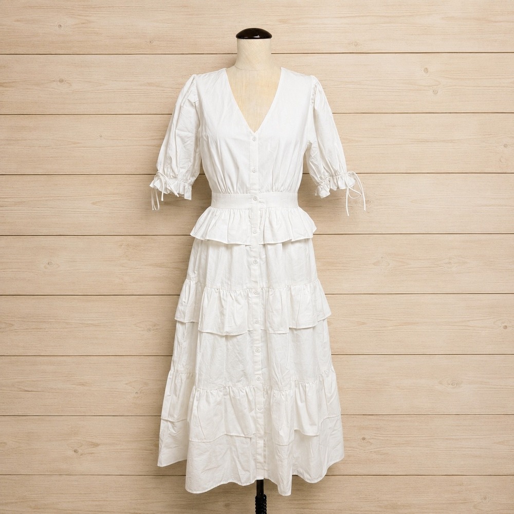 NEW English Factory White Tiered Ruffle Midi Dress Puff Sleeve Button Front S‎